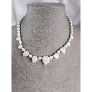 Vintage Miriam Haskell White Milk Glass Leaf Necklace  14" Choker Art Deco Style